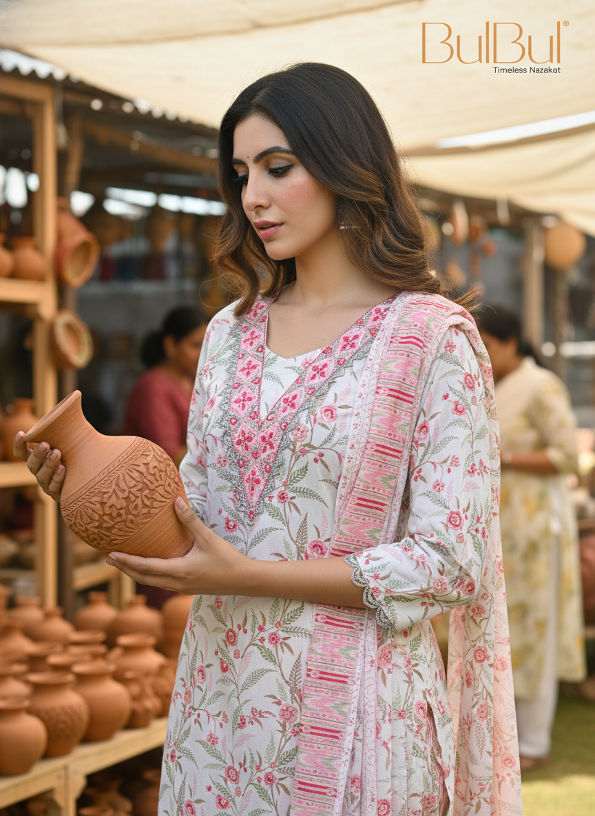 Pure Cotton Fashionista Red Floral Printed Kurta Set with Mirror & Thread Embroidered Neckline