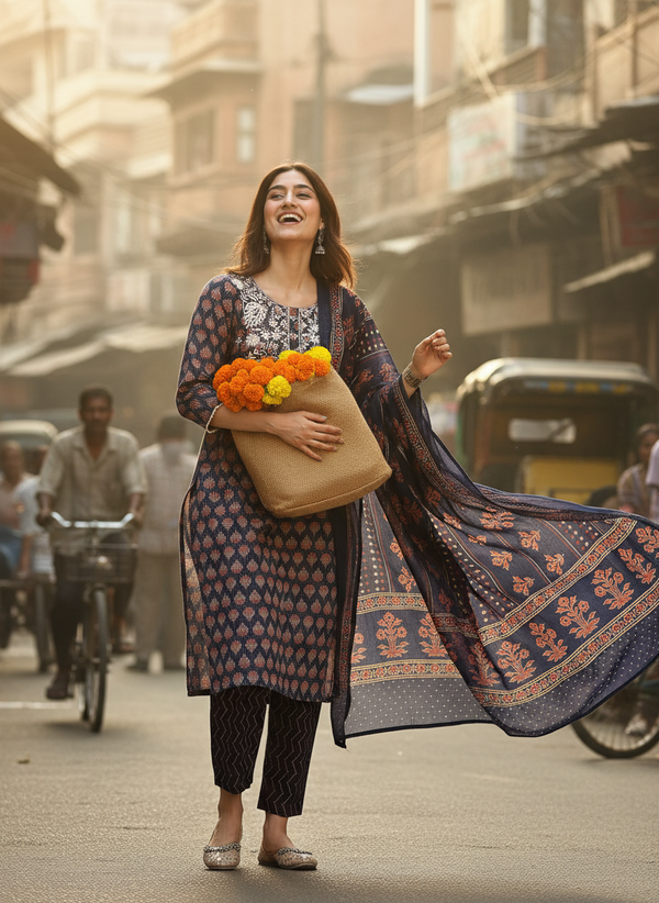 Pure Cotton Navy Indigo Discharge Print Kurta Set with Chikankari Embroidery