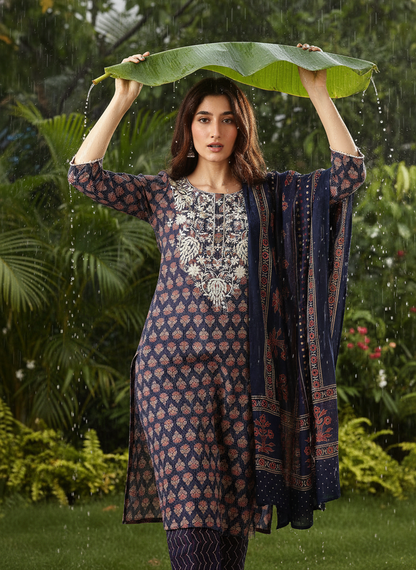 Pure Cotton Navy Indigo Discharge Print Kurta Set with Chikankari Embroidery