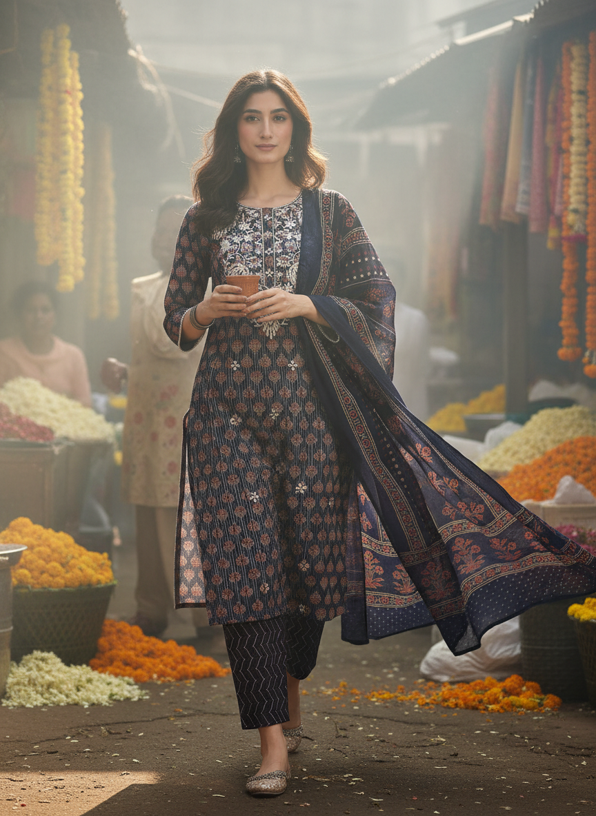 Pure Cotton Navy Indigo Discharge Print Kurta Set with Chikankari Embroidery