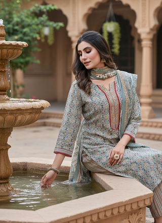 Pure Cotton Fashionista Grey Printed Kurta Set with Thread Embroidery, Mirror & Sequin Detailed Neck Panel and Dupatta