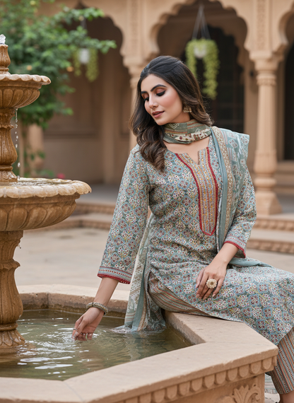Pure Cotton Fashionista Grey Printed Kurta Set with Thread Embroidery, Mirror & Sequin Detailed Neck Panel and Dupatta