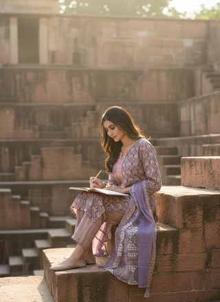 Pure Cotton Fashionista Purple Printed Kurta Set with Thread Embroidery, Mirror & Sequin Detailed Neck Panel and Dupatta
