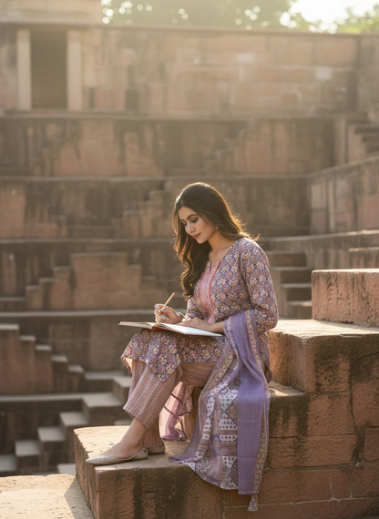 Pure Cotton Fashionista Purple Printed Kurta Set with Thread Embroidery, Mirror & Sequin Detailed Neck Panel and Dupatta