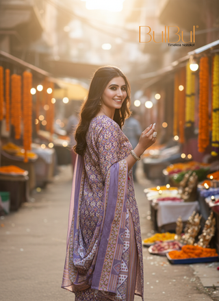 Pure Cotton Fashionista Purple Printed Kurta Set with Thread Embroidery, Mirror & Sequin Detailed Neck Panel and Dupatta