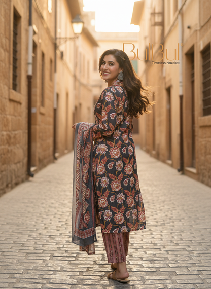 Pure Cotton Fashionista Black Floral Printed Kurta Set with Thread & Sequin Embellished V-Neckline and Dupatta