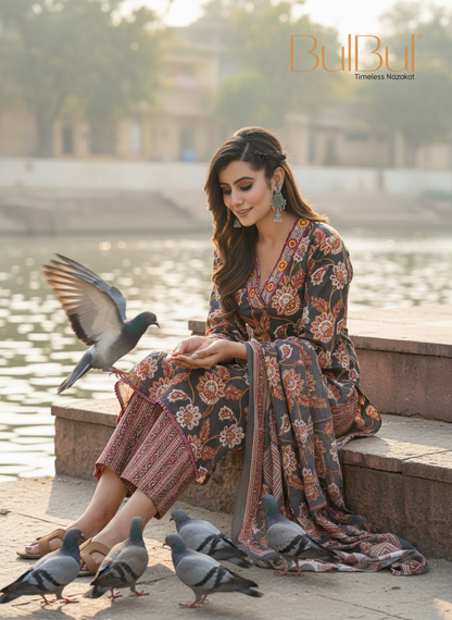 Pure Cotton Fashionista Black Floral Printed Kurta Set with Thread & Sequin Embellished V-Neckline and Dupatta