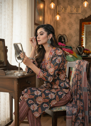 Pure Cotton Fashionista Black Floral Printed Kurta Set with Thread & Sequin Embellished V-Neckline and Dupatta