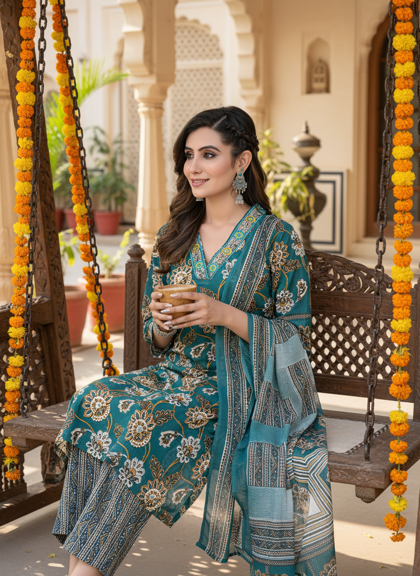 Pure Cotton Fashionista Green Floral Printed Kurta Set with Thread & Sequin Embellished V-Neckline and Dupatta