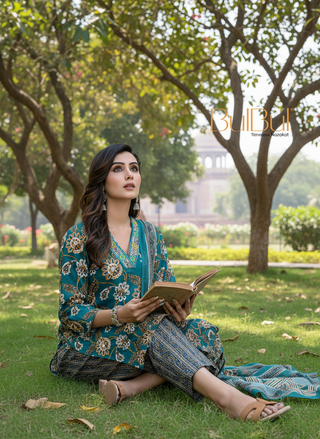 Pure Cotton Fashionista Green Floral Printed Kurta Set with Thread & Sequin Embellished V-Neckline and Dupatta