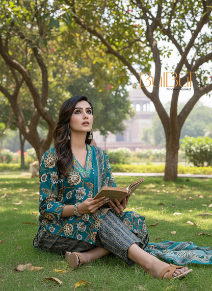 Pure Cotton Fashionista Green Floral Printed Kurta Set with Thread & Sequin Embellished V-Neckline and Dupatta