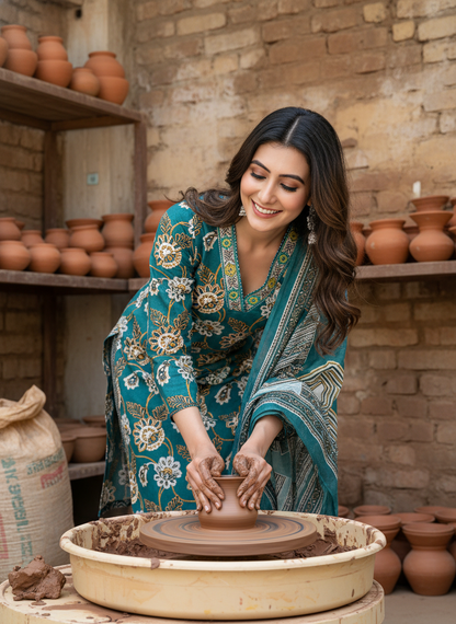 Pure Cotton Fashionista Green Floral Printed Kurta Set with Thread & Sequin Embellished V-Neckline and Dupatta