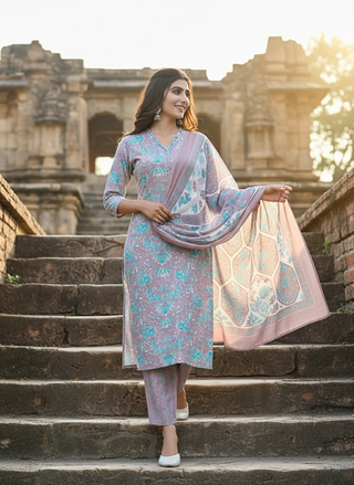 Pure Cotton Fashionista Brown Printed Kurta Set with Thread & Mirror Work