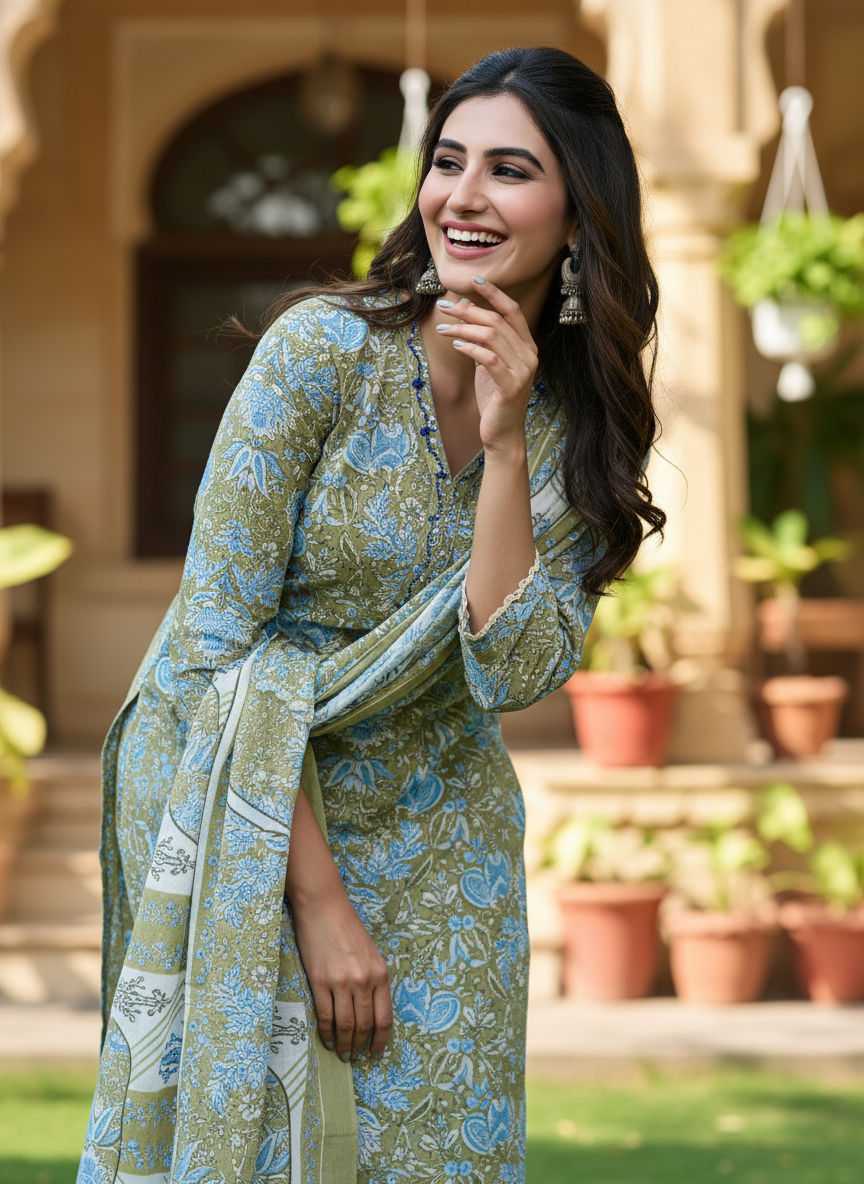 Pure Cotton Fashionista Green Printed Kurta Set with Thread & Mirror Work
