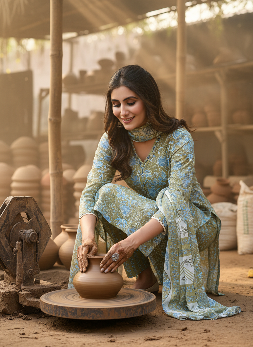 Pure Cotton Fashionista Green Printed Kurta Set with Thread & Mirror Work