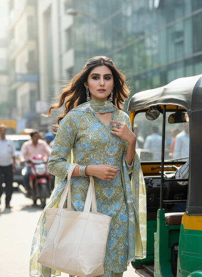 Pure Cotton Fashionista Green Printed Kurta Set with Thread & Mirror Work