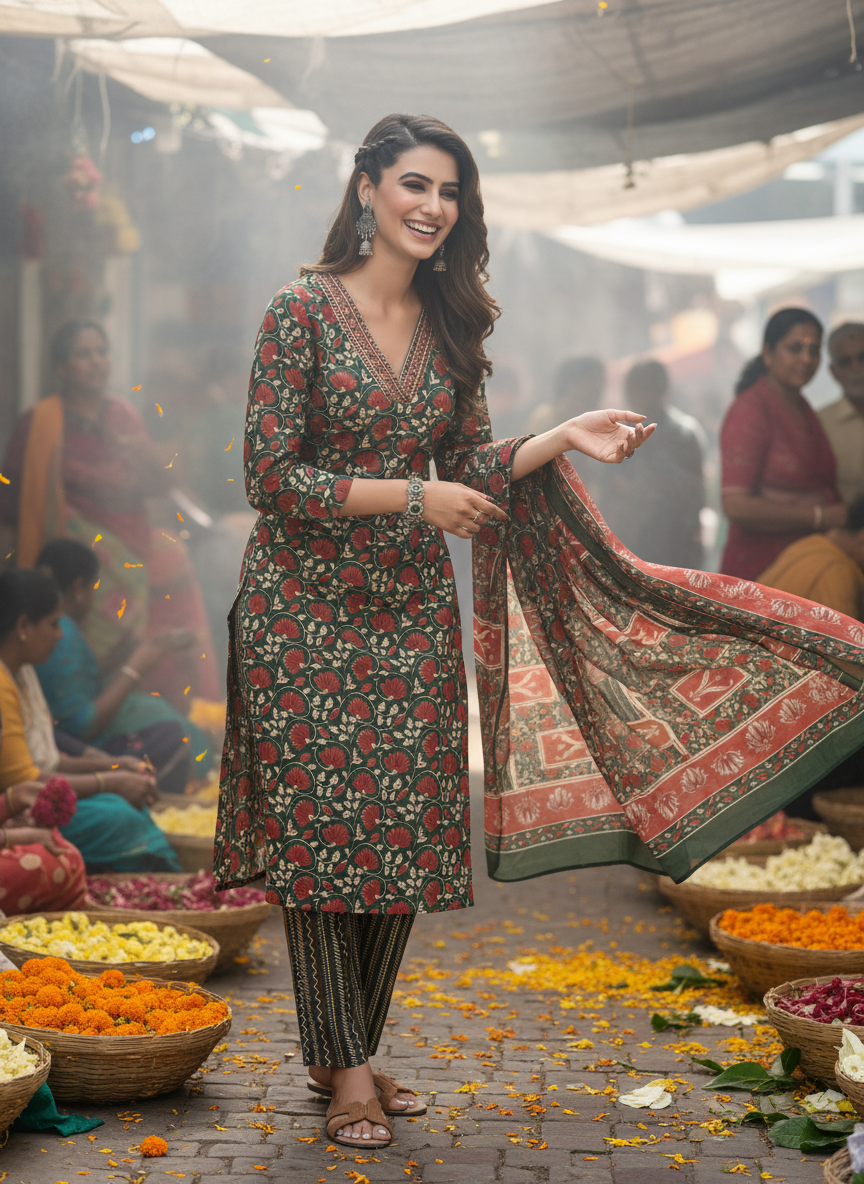 Pure Cotton Fashionista Green Floral Printed Kurta Set with Contrast Thread-Detailed V-Neck and Dupatta