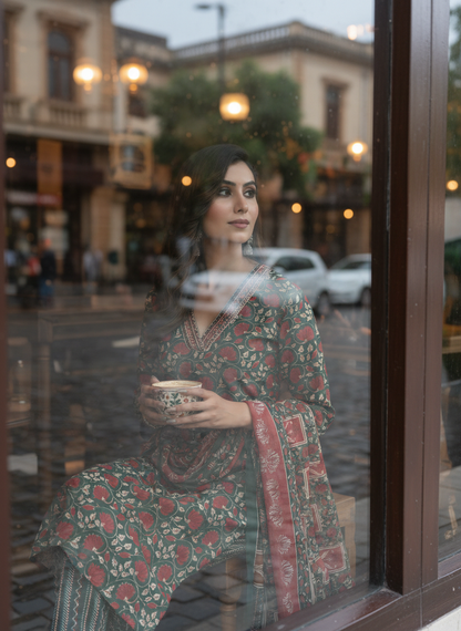 Pure Cotton Fashionista Green Floral Printed Kurta Set with Contrast Thread-Detailed V-Neck and Dupatta