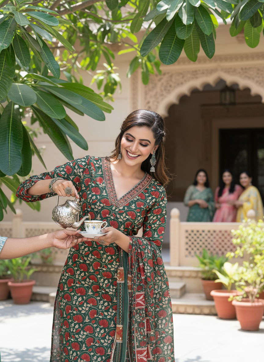 Pure Cotton Fashionista Green Floral Printed Kurta Set with Contrast Thread-Detailed V-Neck and Dupatta