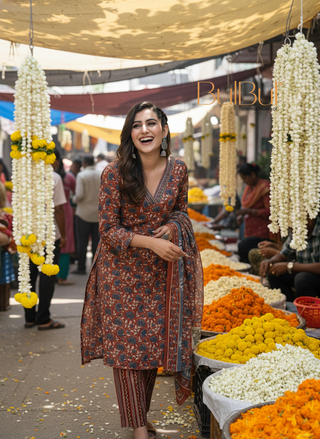 Pure Cotton Fashionista Rust Floral Printed Kurta Set with Contrast Thread-Detailed V-Neck and Dupatta