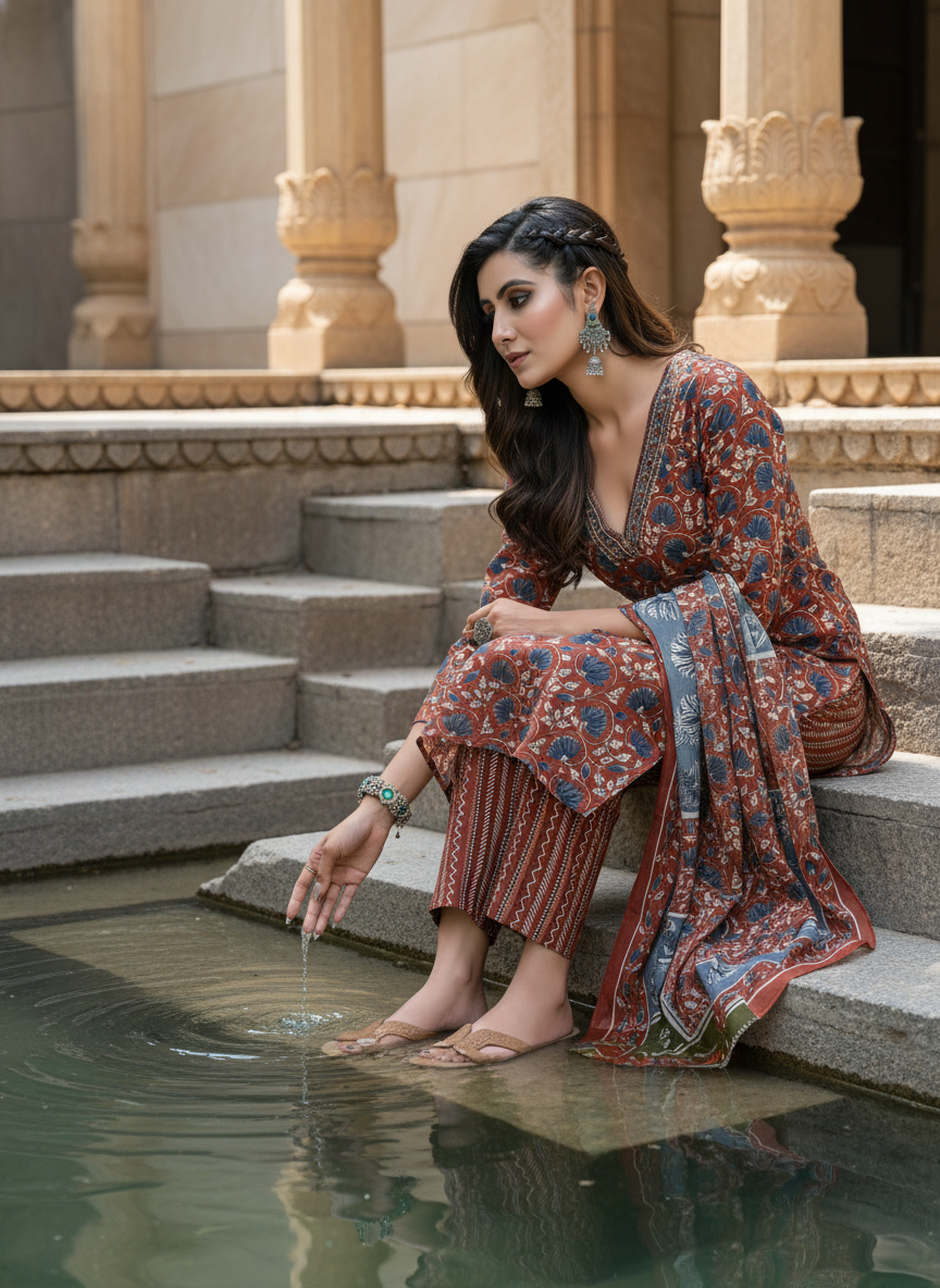 Pure Cotton Fashionista Rust Floral Printed Kurta Set with Contrast Thread-Detailed V-Neck and Dupatta