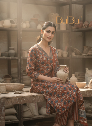 Pure Cotton Fashionista Rust Floral Printed Kurta Set with Contrast Thread-Detailed V-Neck and Dupatta