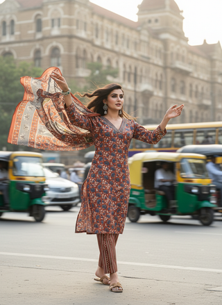 Pure Cotton Fashionista Rust Floral Printed Kurta Set with Contrast Thread-Detailed V-Neck and Dupatta