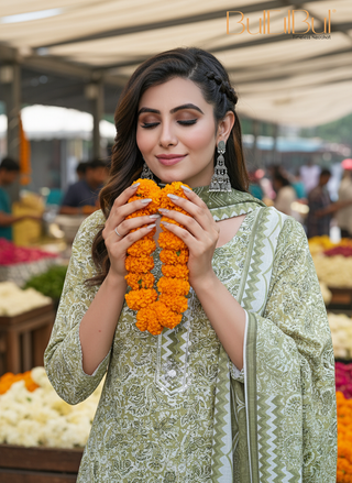Pure Cotton Green Floral Printed Kurta Set with Silver Zari Thread & Sequin Embroidered Placket