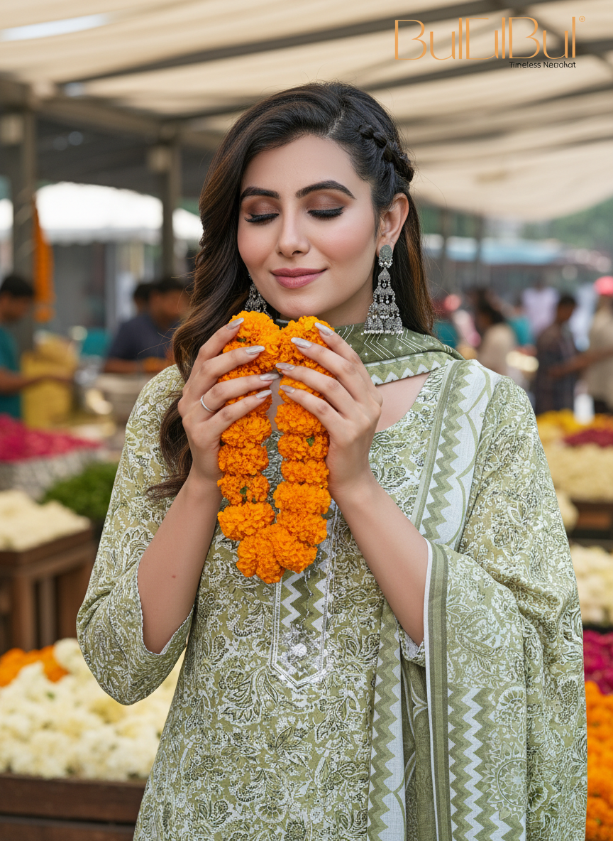Pure Cotton Green Floral Printed Kurta Set with Silver Zari Thread & Sequin Embroidered Placket