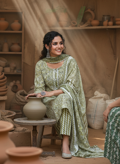 Pure Cotton Green Floral Printed Kurta Set with Silver Zari Thread & Sequin Embroidered Placket