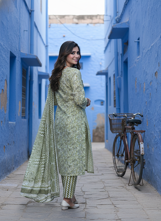 Pure Cotton Green Floral Printed Kurta Set with Silver Zari Thread & Sequin Embroidered Placket