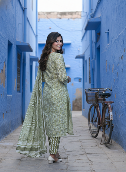 Pure Cotton Green Floral Printed Kurta Set with Silver Zari Thread & Sequin Embroidered Placket