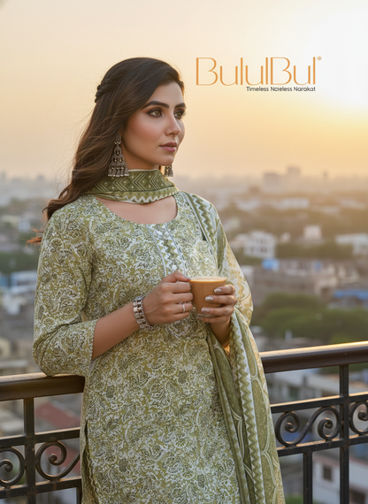 Pure Cotton Green Floral Printed Kurta Set with Silver Zari Thread & Sequin Embroidered Placket