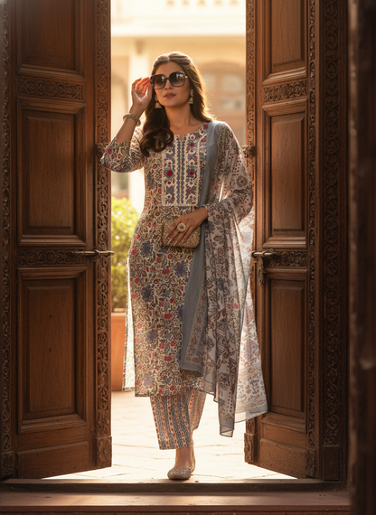 Pure Cotton Grey Printed Kurta Set with Intricate Thread Embroidery & Mirror Work Neckline with Dupatta