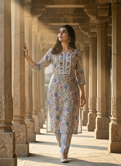 Pure Cotton Grey Printed Kurta Set with Intricate Thread Embroidery & Mirror Work Neckline with Dupatta