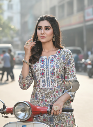 Pure Cotton Grey Printed Kurta Set with Intricate Thread Embroidery & Mirror Work Neckline with Dupatta