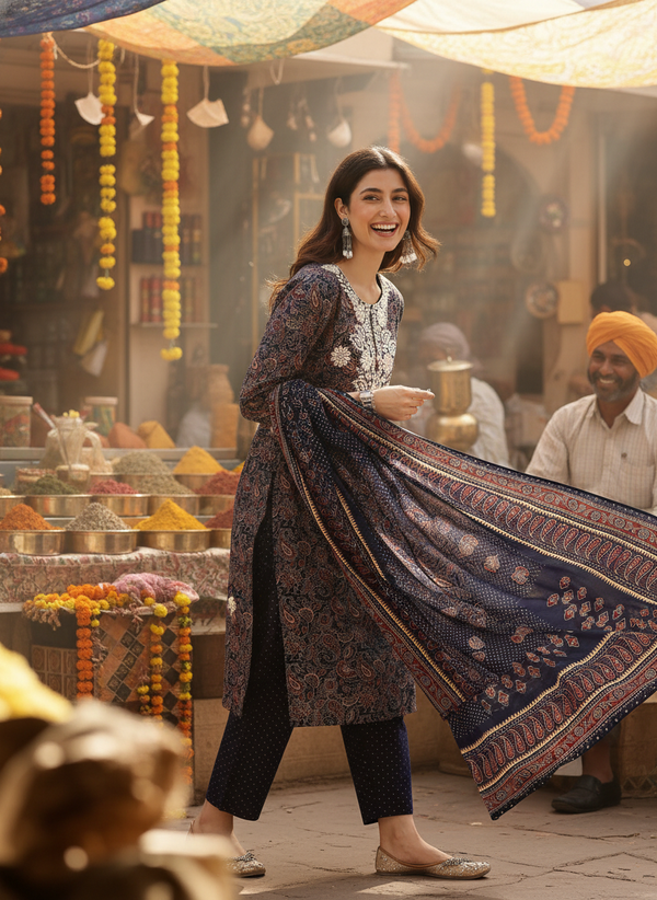 Pure Cotton Navy Paisley Indigo Discharge Print Kurta Set with Chikankari Embroidery