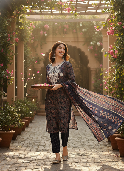 Pure Cotton Navy Paisley Indigo Discharge Print Kurta Set with Chikankari Embroidery