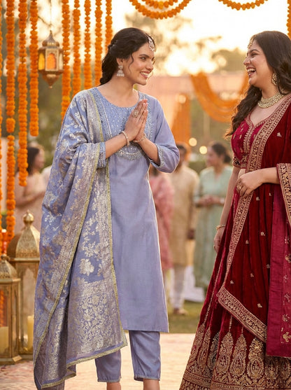 Sehmat Purple Handcrafted Suit Set with Intricate Glass Bugle & Sequin Neck Detailing and Jacquard Dupatta in Pure Muslin with Pure Cotton Mul Lining