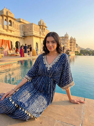 Kira Blue Bandhani Printed Viscose Co-Ord Set with Mirror Lace and Cowrie Shell Motif