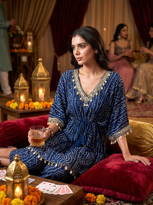 Kira Blue Bandhani Printed Viscose Co-Ord Set with Mirror Lace and Cowrie Shell Motif