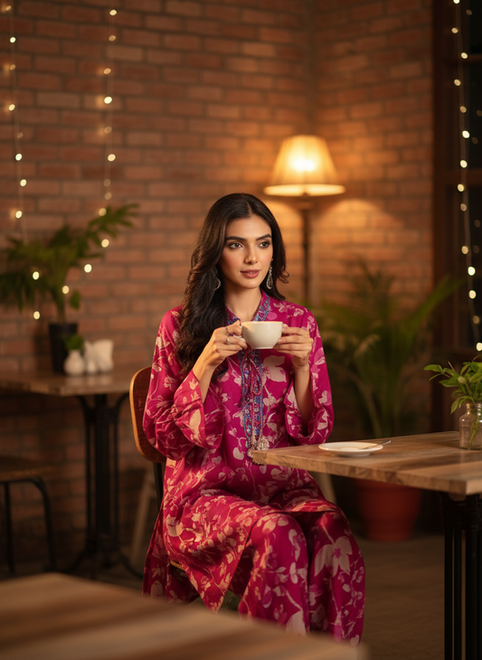 Preha Fuchsia Modal Chanderi Floral Co-Ord Set with Resham Embroidered Neckline and Shell Pearl Tassels