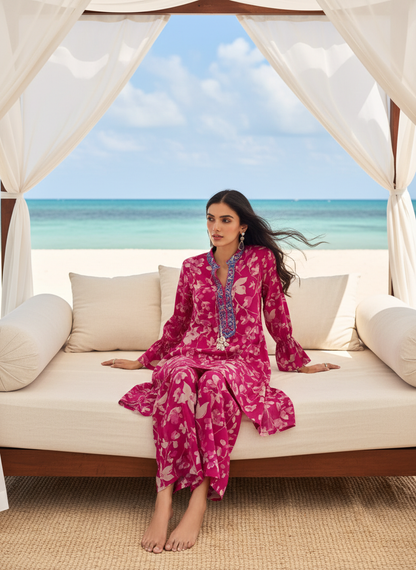 Preha Fuchsia Modal Chanderi Floral Co-Ord Set with Resham Embroidered Neckline and Shell Pearl Tassels