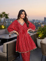 Kira Red Bandhani Printed Viscose Co-Ord Set with Mirror Lace and Cowrie Shell Motif