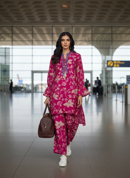 Preha Fuchsia Modal Chanderi Floral Co-Ord Set with Resham Embroidered Neckline and Shell Pearl Tassels