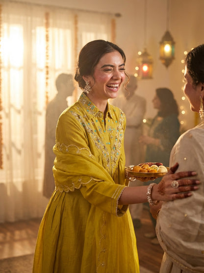 Himawari Mustard Handcrafted Silver Zari Dori & Dabka Thread Embroidered Suit Set with Glass Bugle & Sequin Embellished Neck and Dupatta in Pure Muslin with Pure Cotton Mul Lining