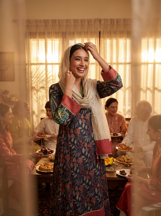 Rashmi Printed Chanderi Navy Kurta Set with Dupatta