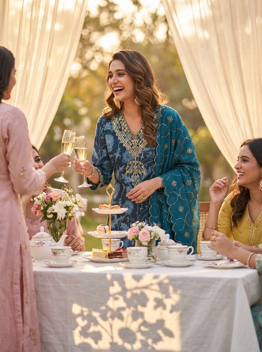 Rashmi Navy Hand Sequins and Bead Embellished Neckline and Zari Work Suit Set in Chanderi Silk with Pure Cotton Mul Lining