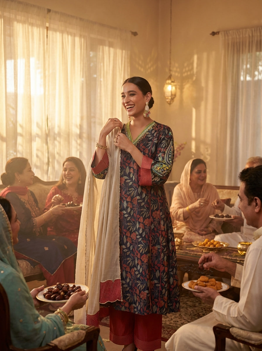 Rashmi Printed Chanderi Navy Kurta Set with Dupatta