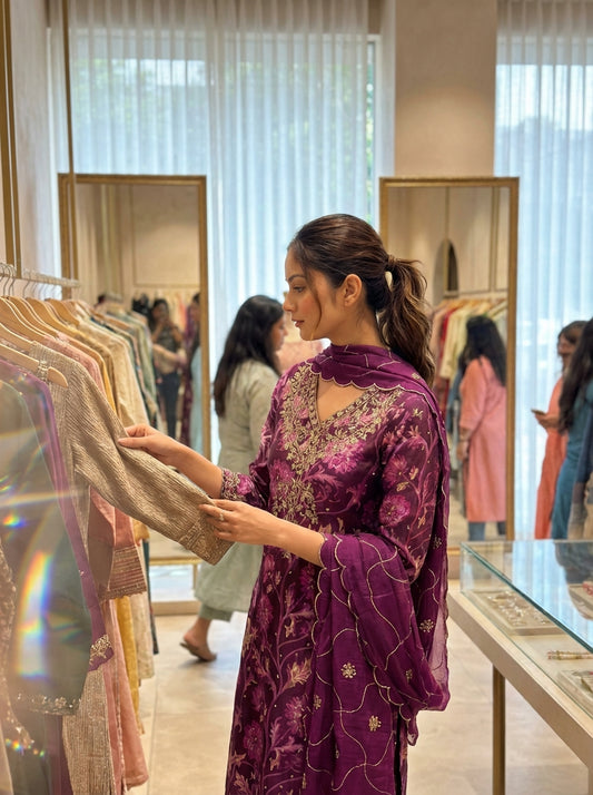 Rashmi Pink Hand Sequins and Bead Embellished Neckline and Zari Work Suit Set in Chanderi Silk with Pure Cotton Mul Lining